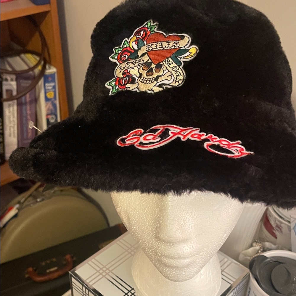 Ed Hardy Black Faux Fur Hat with Skull Design